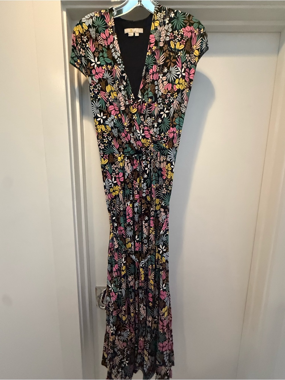 Boden Eleanor Jersey Midi Dress with Pink, Yellow & Green Floral Print